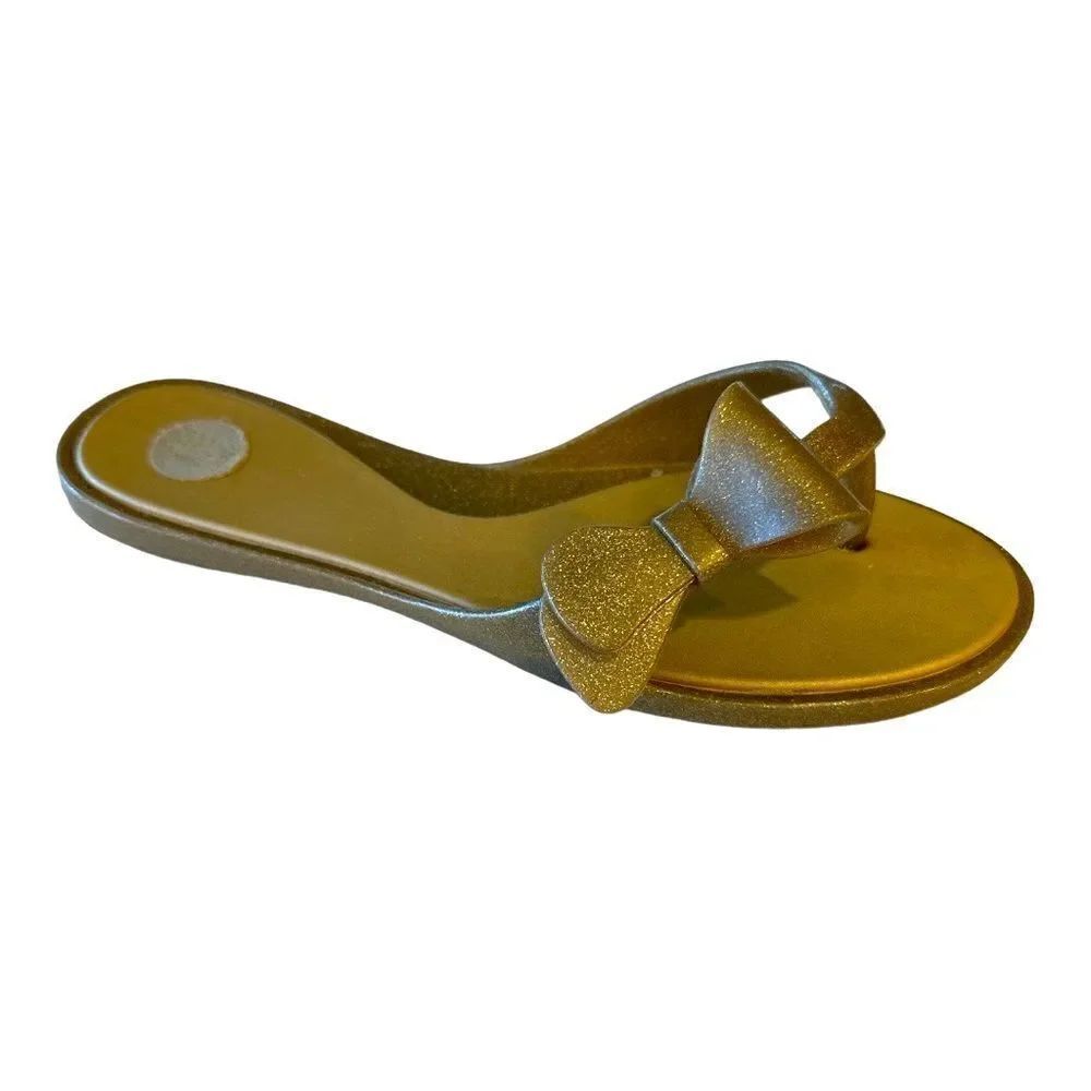 MELISSA Women’s Slim Bow Detail Vegan PVC Flip Flops Gold Glitter Size 7